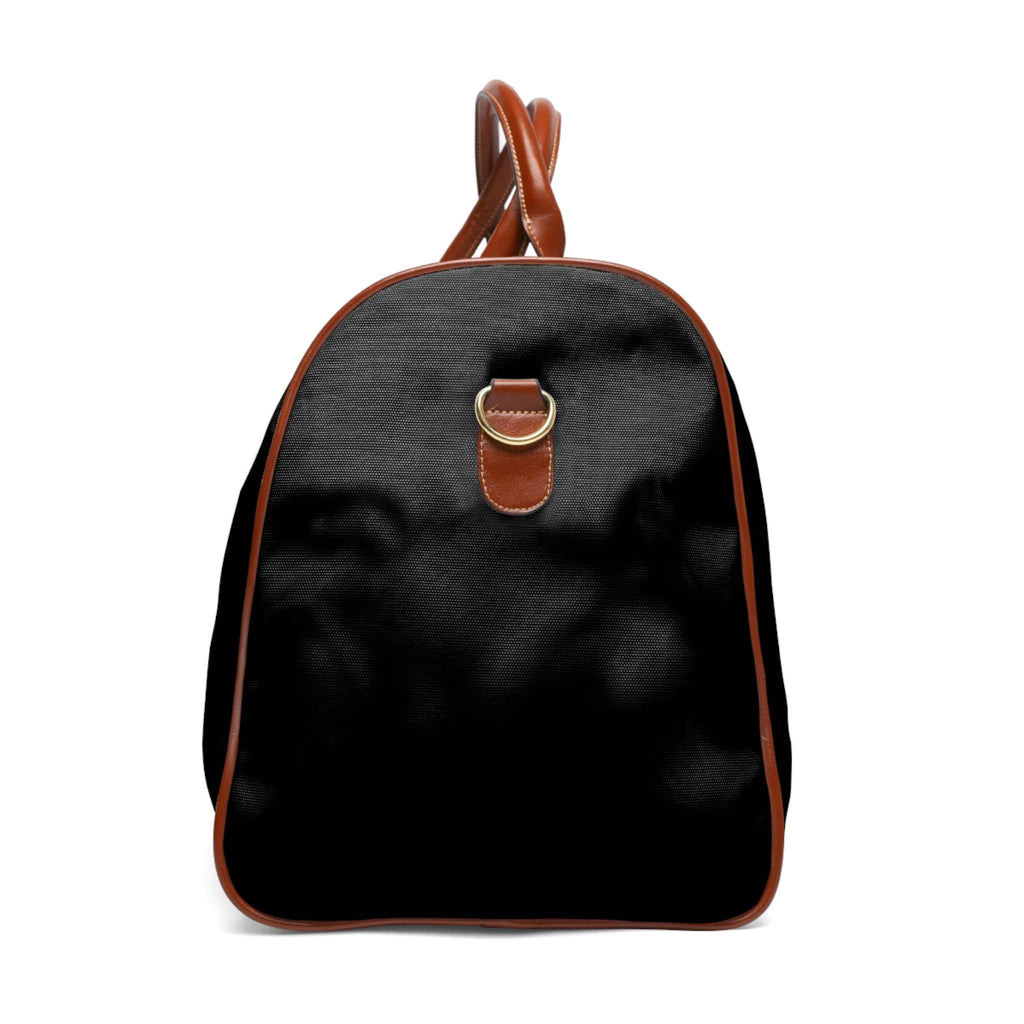Black Faith Hope Love travel bag with brown leather handles and gold zipper, durable nylon material.