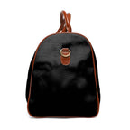 Black Faith Hope Love travel bag with brown leather handles and gold zipper, durable nylon material.