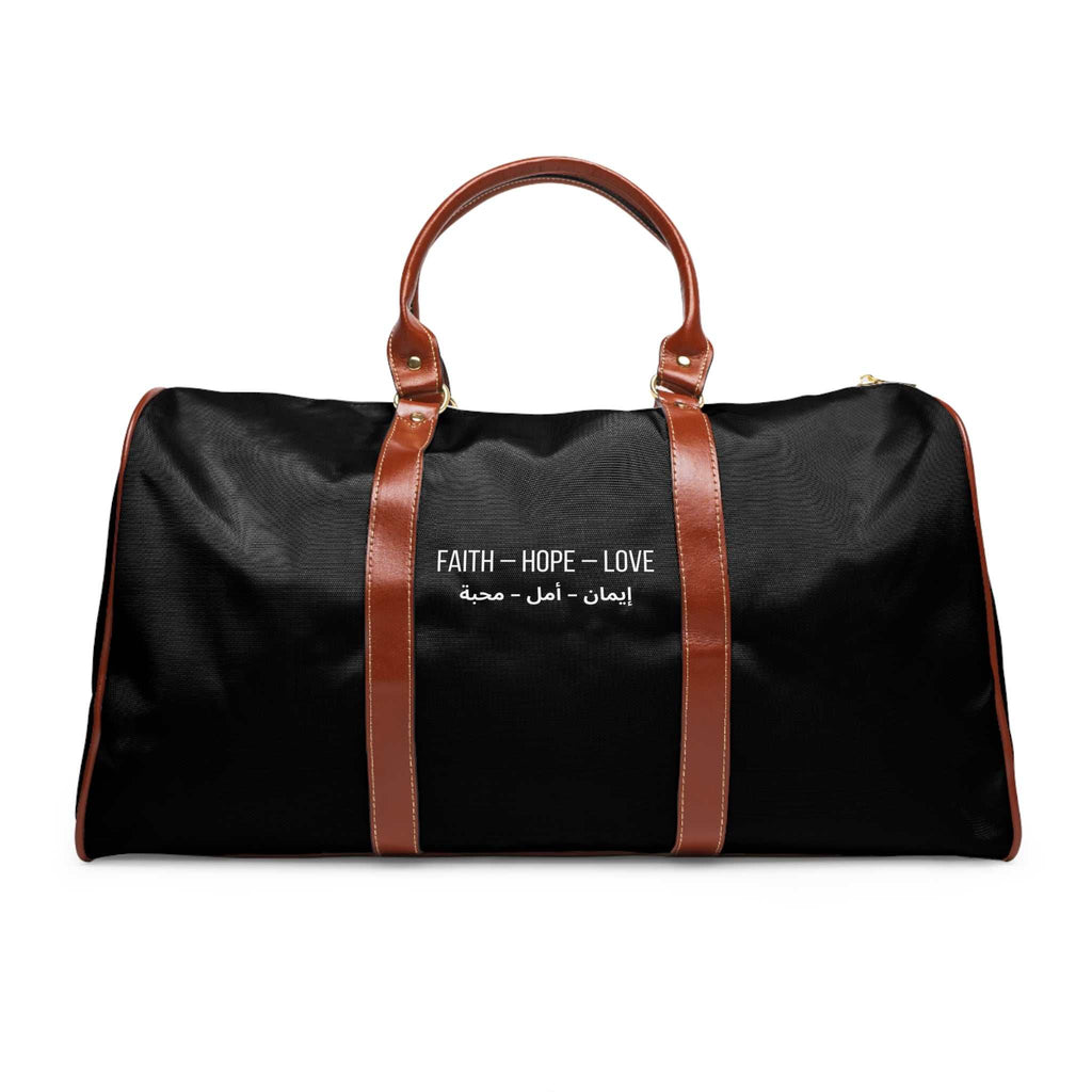 Black Faith Hope Love travel bag with brown PU leather handles and gold zipper