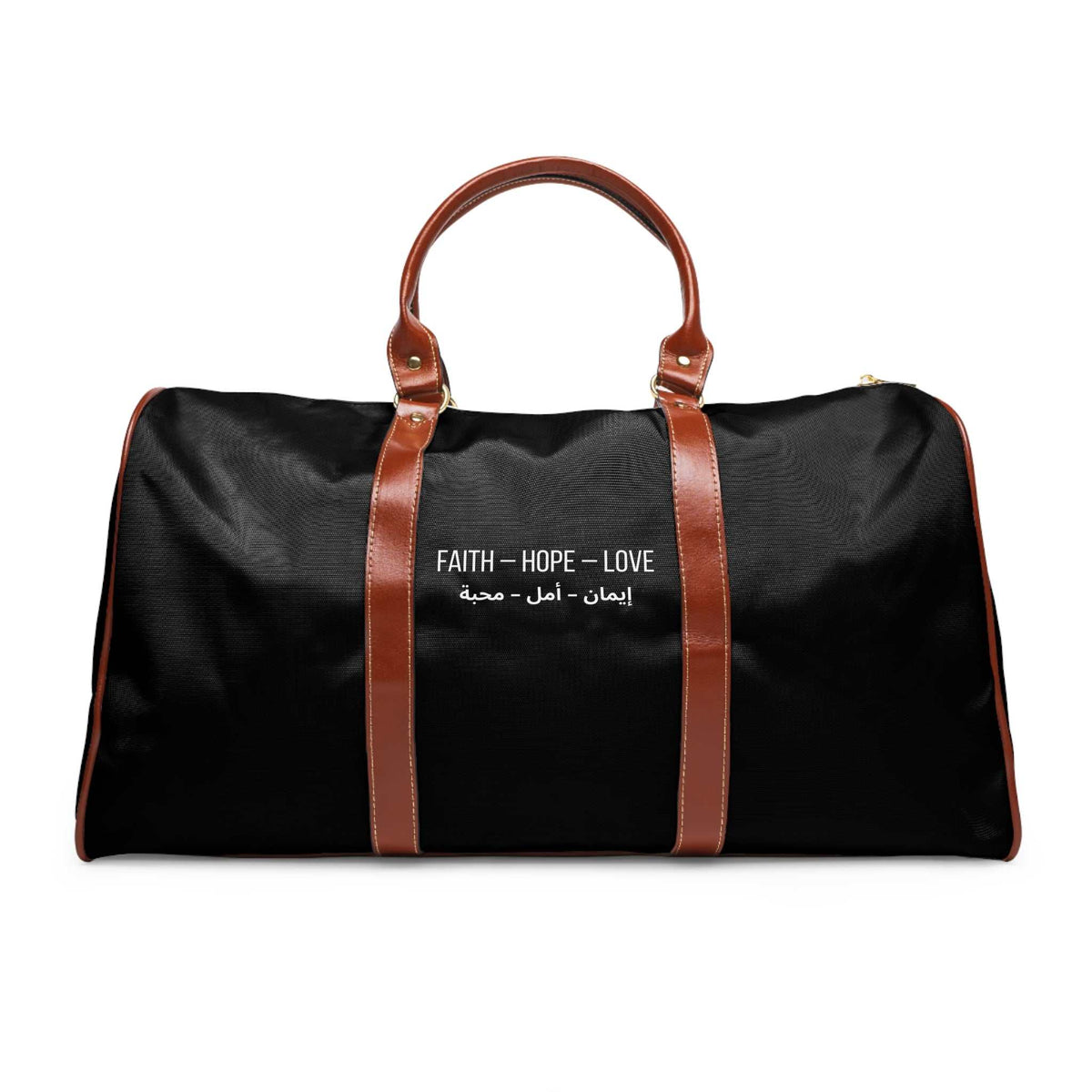 Black Faith Hope Love travel bag with brown PU leather handles and gold zipper