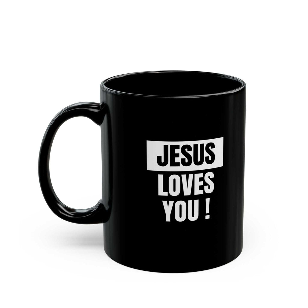 Black ceramic Jesus Loves You mug with glossy finish and C-shaped handle