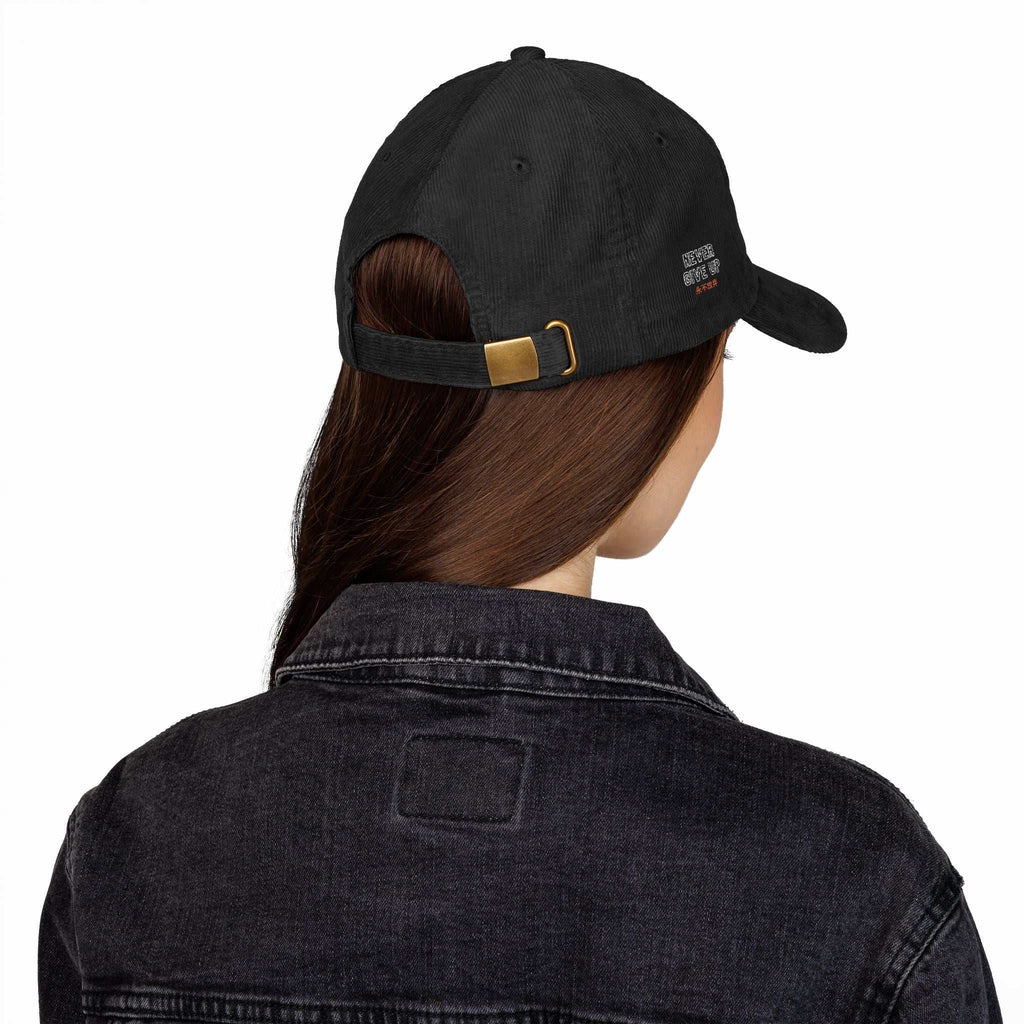 Black corduroy Never Give Up Cap with adjustable gold buckle