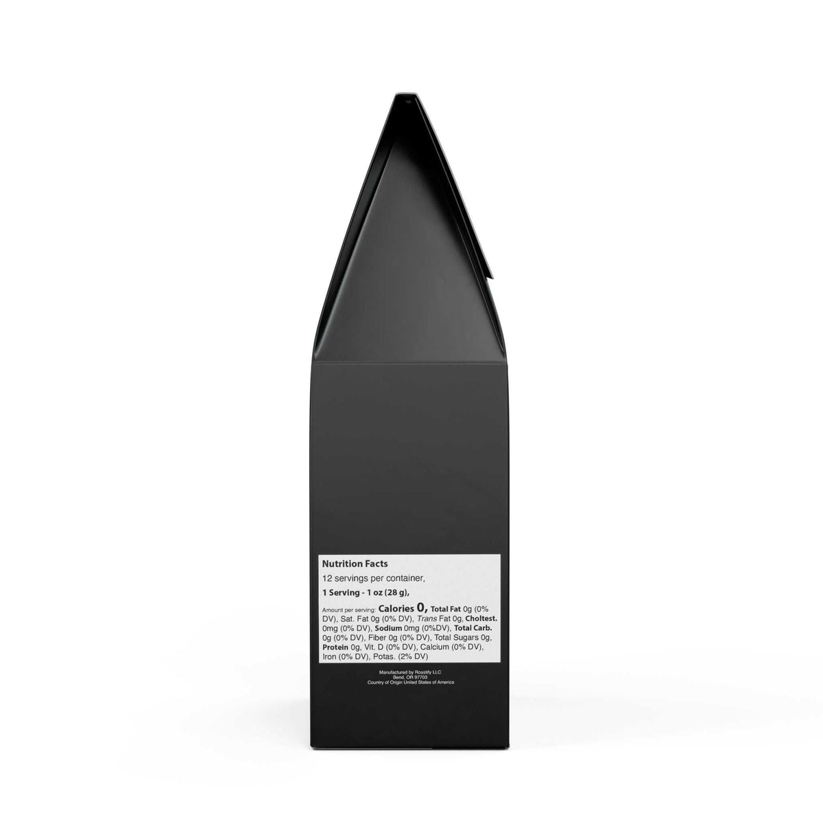 Black medium-dark roast coffee bag with nutrition facts label