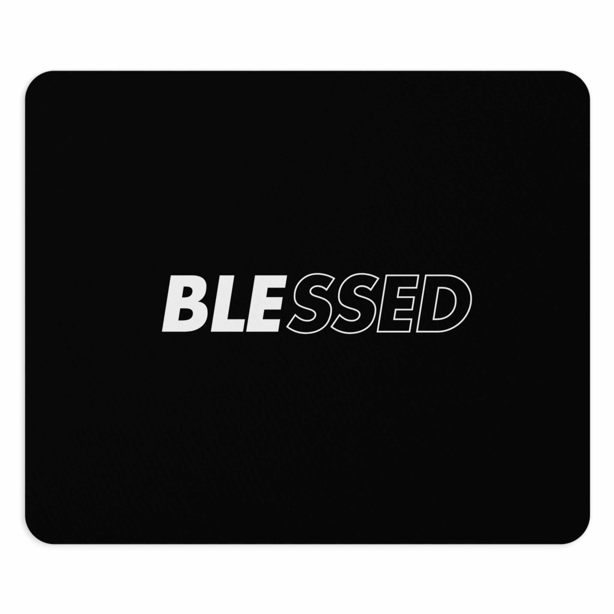 Black mouse pad with "BLESSED" text in white