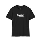 Black Saved T-shirt with white text design, classic fit, made of 100% cotton