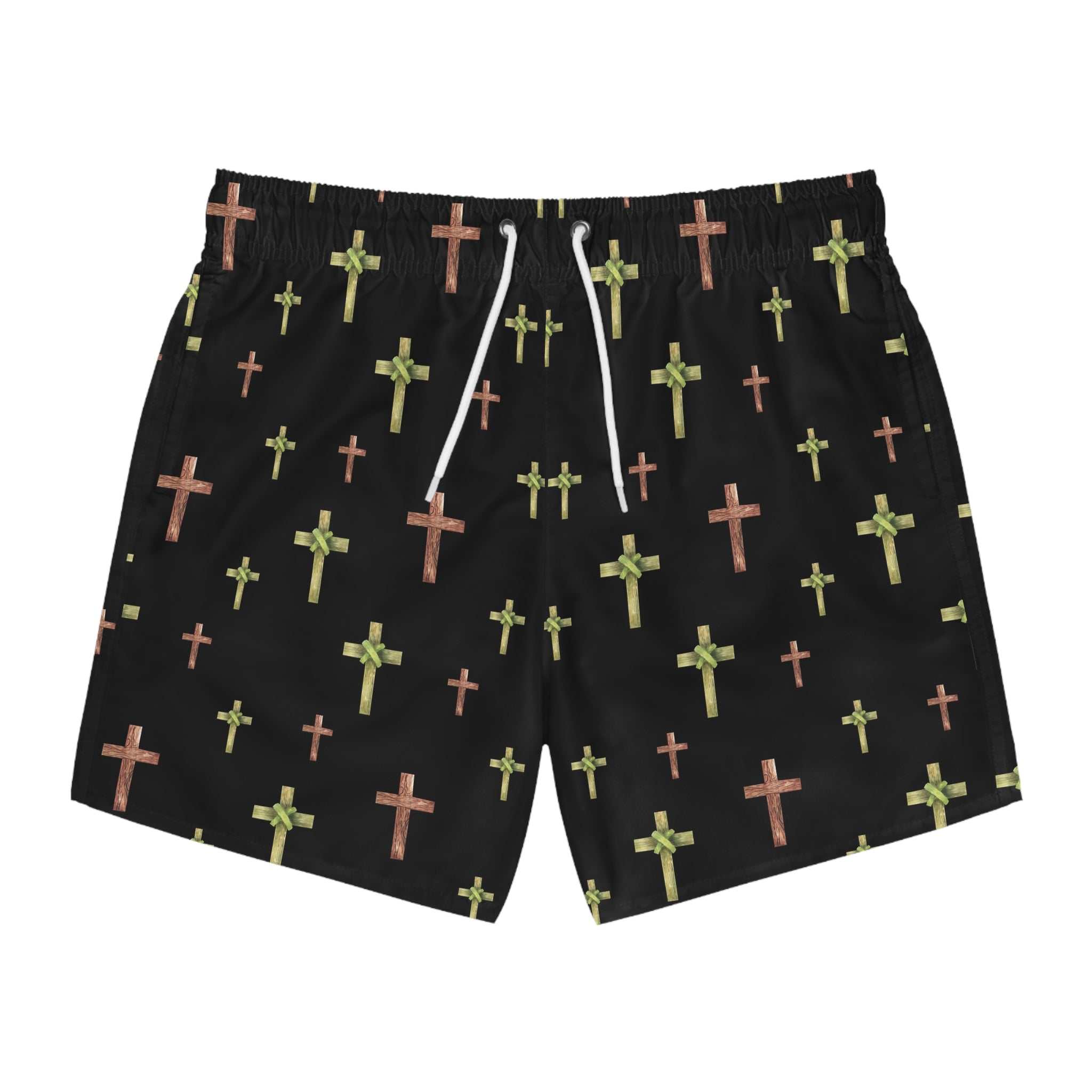 Black swim trunks with watercolor-style green and brown cross patterns