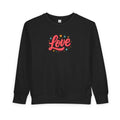 Black toddler sweatshirt with colorful "Love" text and heart design