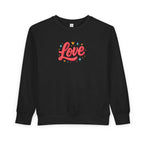 Black toddler sweatshirt with colorful "Love" text and heart design