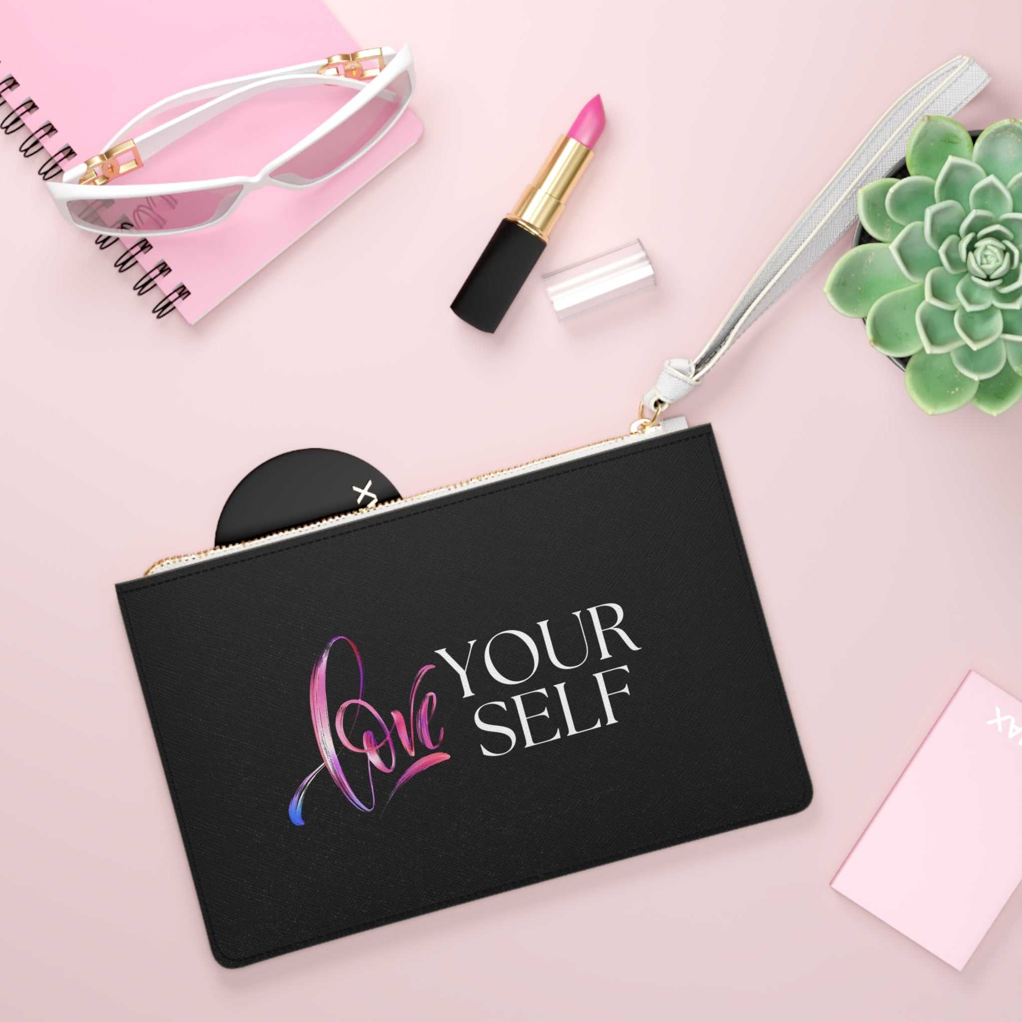 Black vegan leather Love Yourself Clutch Bag