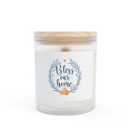 Bless Our Home natural soy candle with wooden wick in frosted glass vessel and maple lid