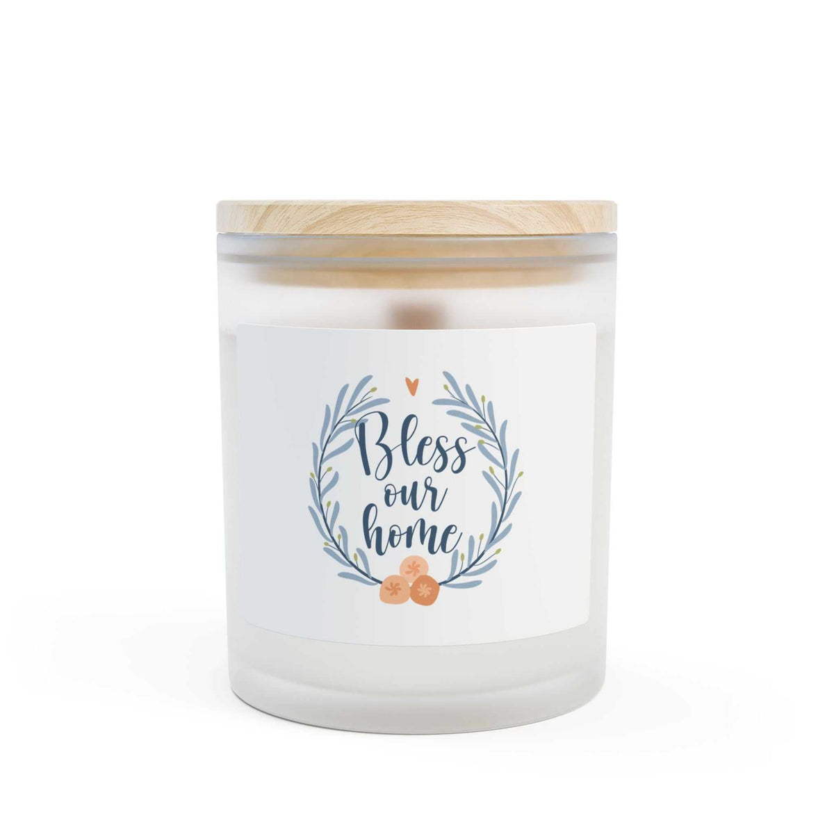 Bless Our Home natural soy candle with wooden wick in frosted glass vessel and maple lid