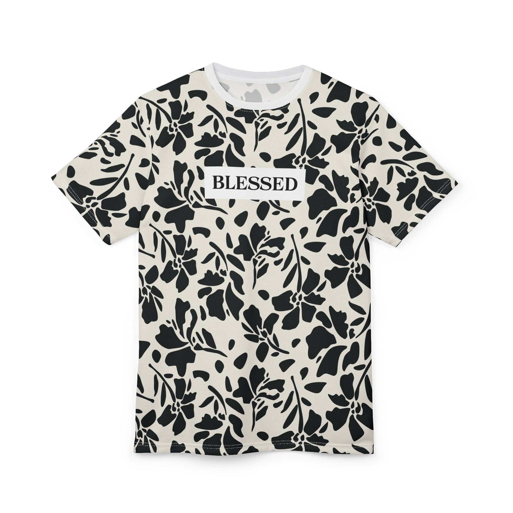 Blessed Floral Pattern T-Shirt with black floral print and "BLESSED" text
