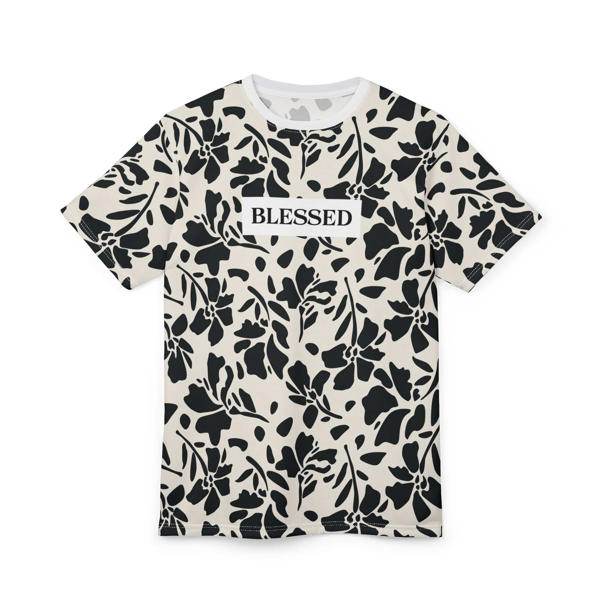 Blessed Floral Pattern T-Shirt with black floral print and "BLESSED" text