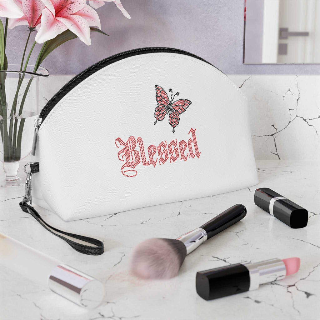 Stylish Blessed Makeup Bag with faith-based design in compact curved shape