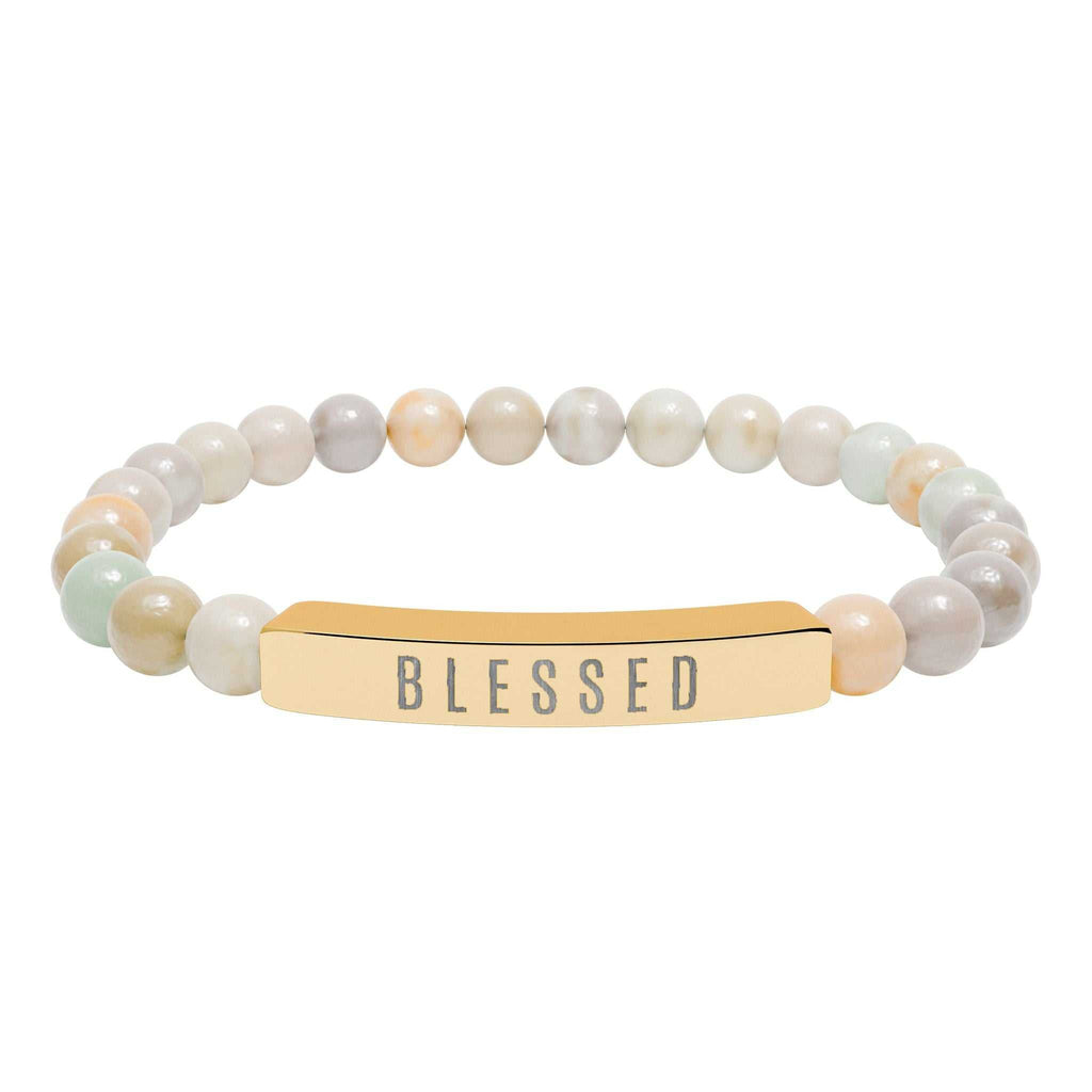 Close-up of a sleek, hypoallergenic 316L surgical grade stainless steel stretch bar bracelet symbolizing faith and positivity
