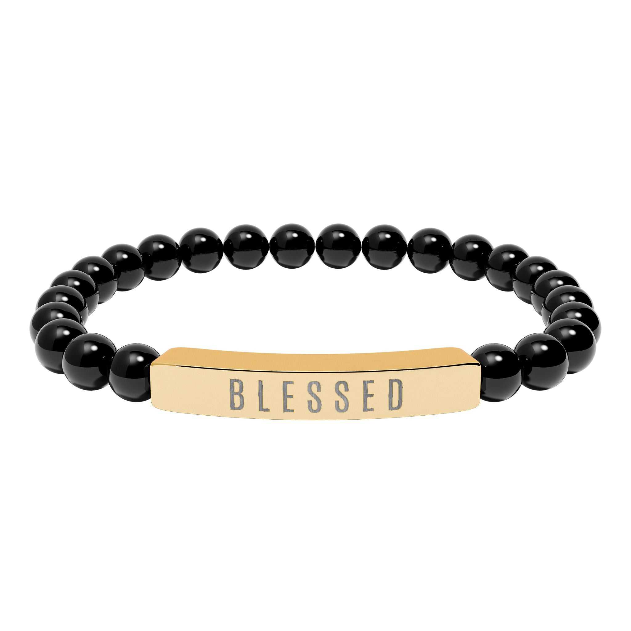 Close-up of a hypoallergenic 316L stainless steel stretch bar bracelet symbolizing faith and positivity