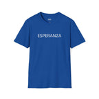 Blue Esperanza T-shirt with white text, 100% cotton, classic fit, tear-away label, inspirational message of hope and faith