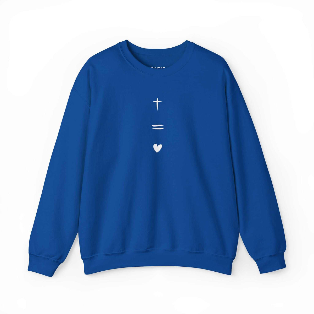 Blue God Is Love Sweatshirt with cross and heart symbols