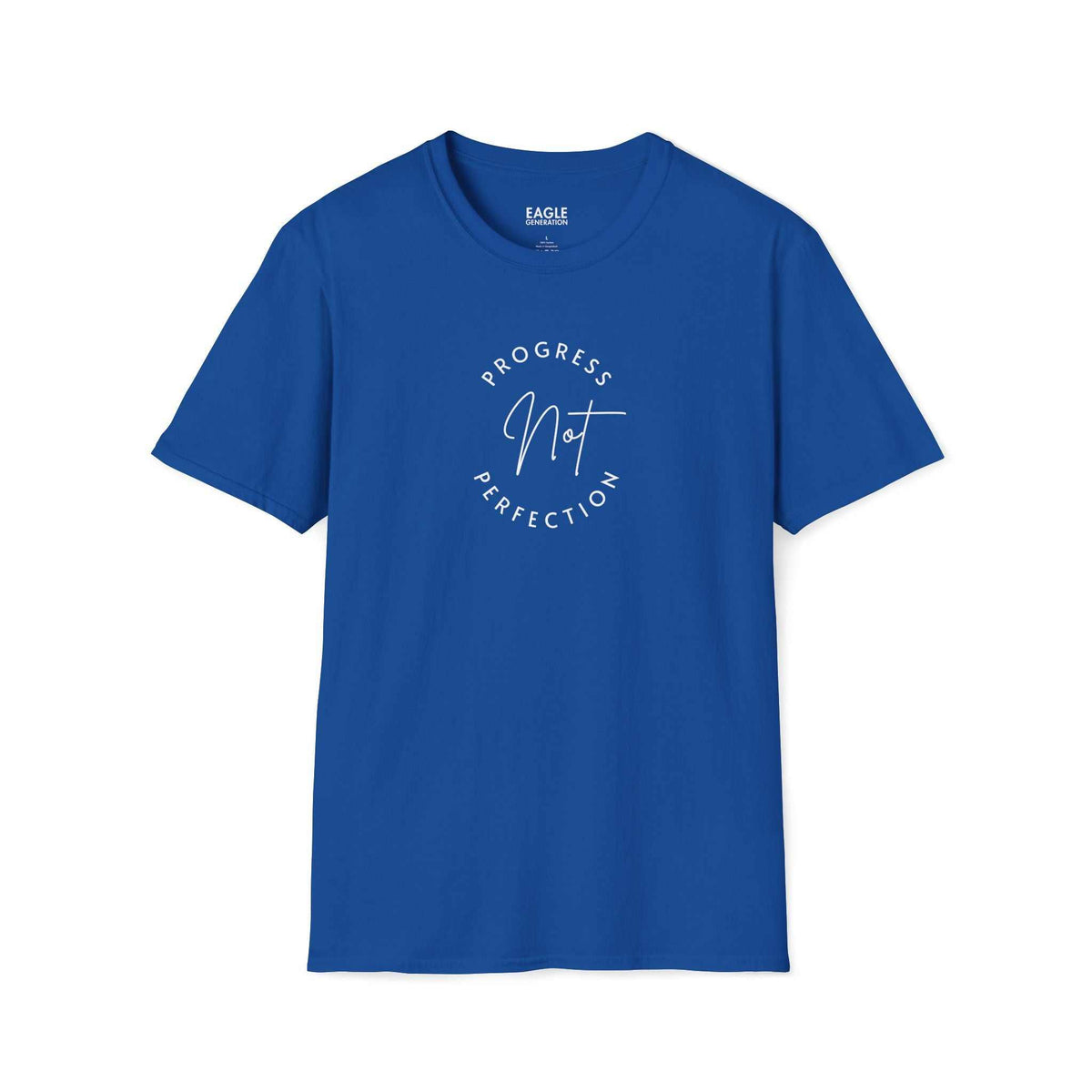 Blue Progress T-Shirt with "Progress Not Perfection" text, classic fit, 100% ring-spun cotton