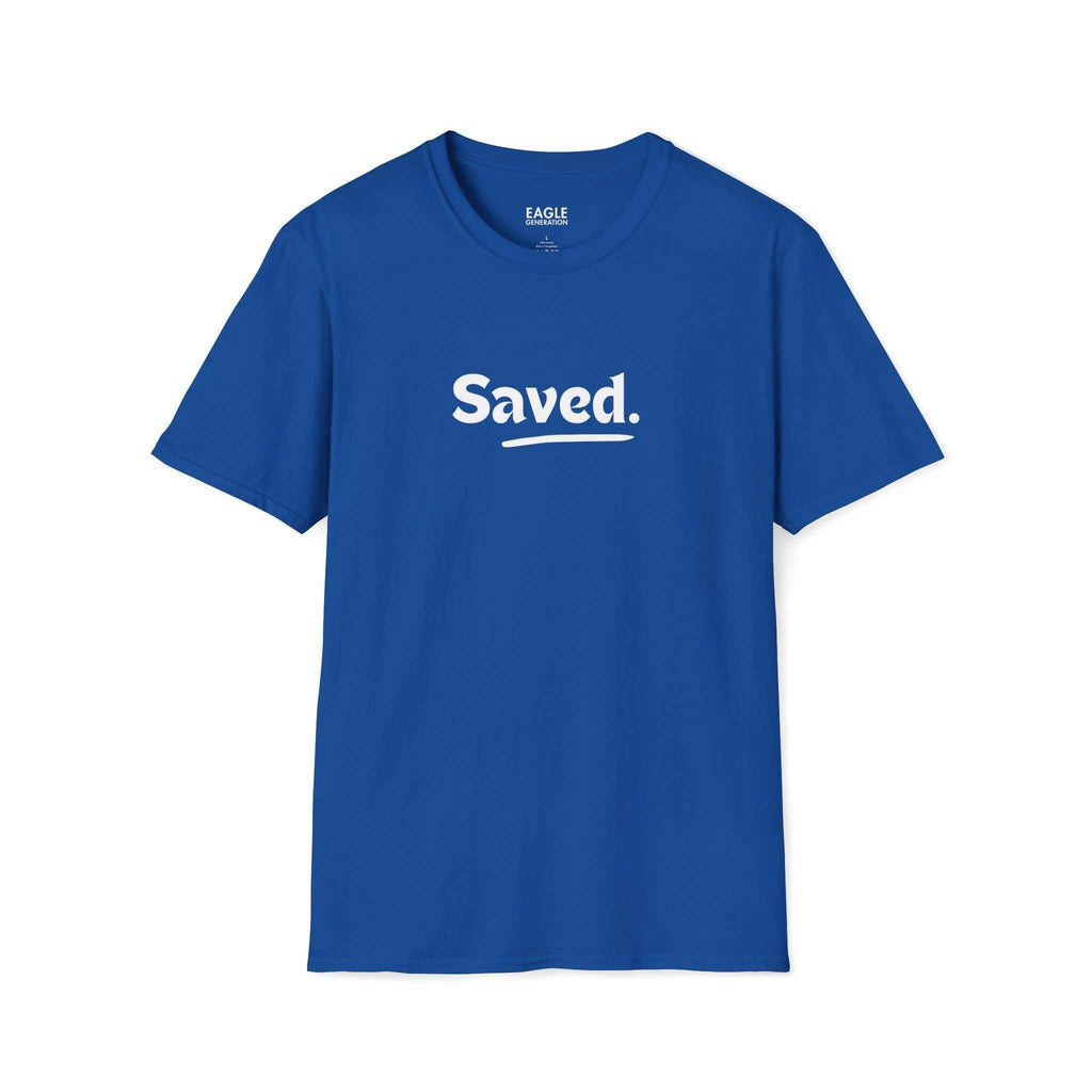 Blue Saved T-shirt with white text, 100% cotton, classic fit, tear-away label, inspirational and comfortable design