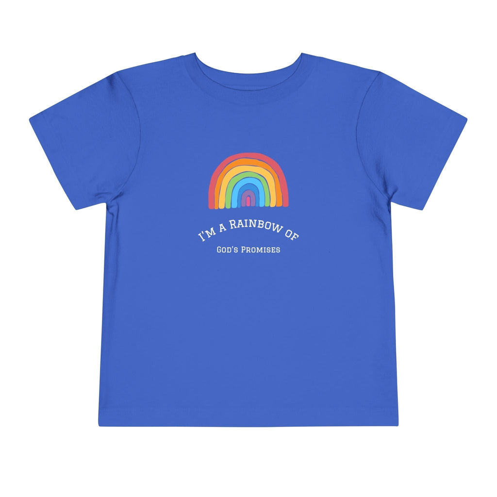 Blue T-Shirt with rainbow design and "I'm a Rainbow of God's Promises" text, soft cotton faith-inspired tee