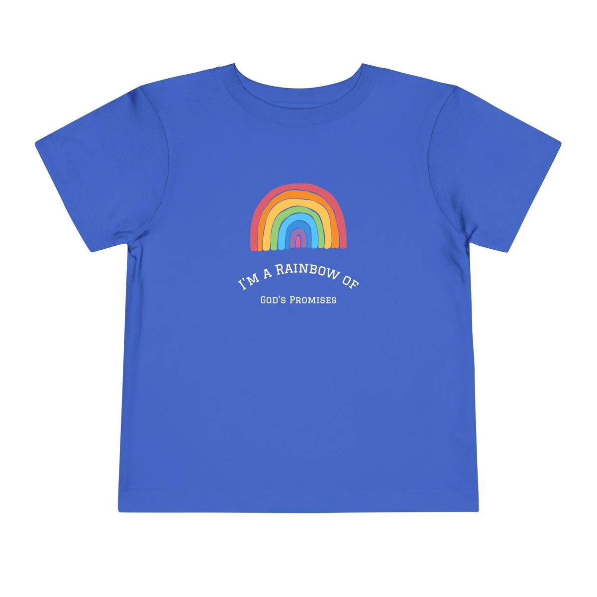 Blue T-Shirt with rainbow design and "I'm a Rainbow of God's Promises" text, soft cotton faith-inspired tee