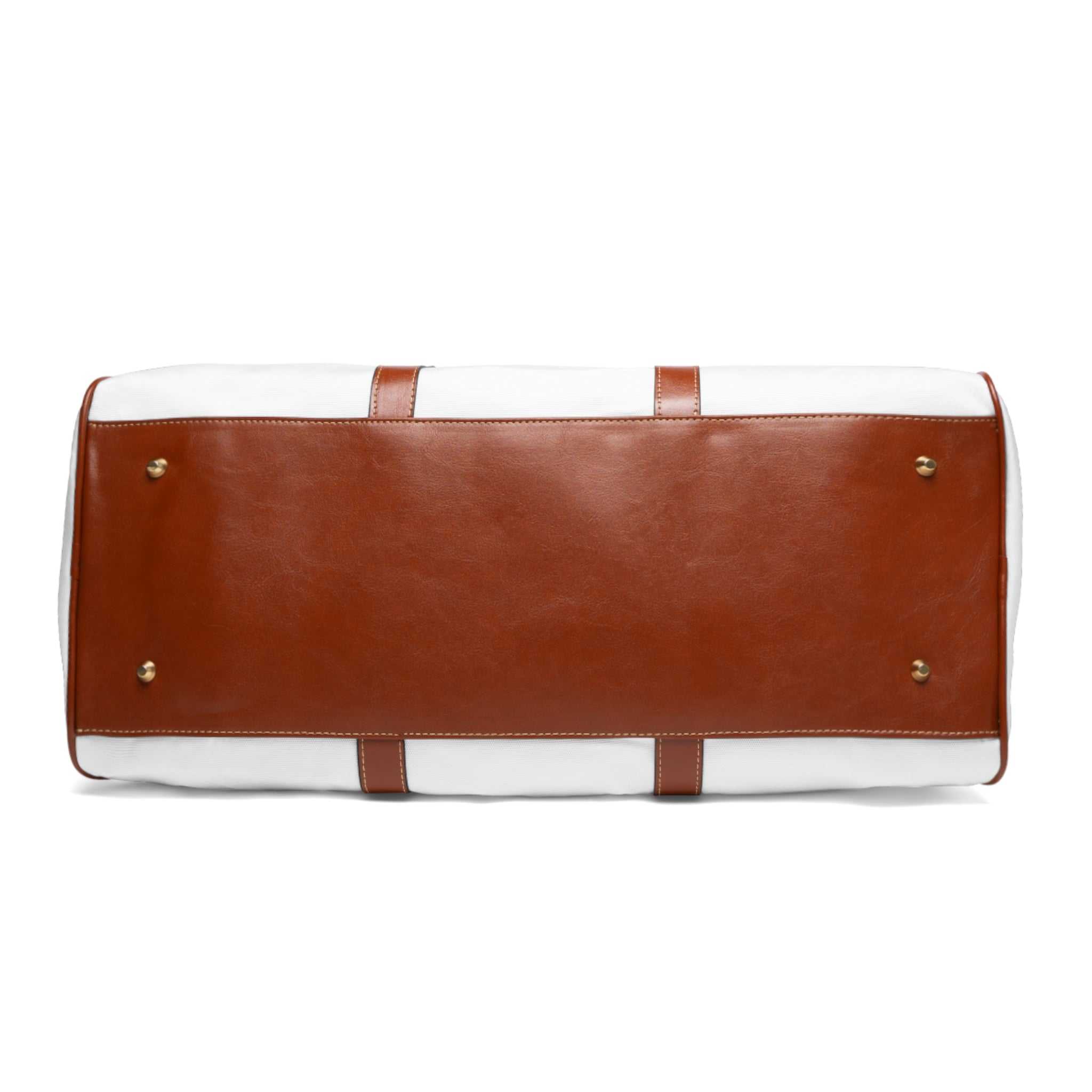 Bottom view of Jesus is King travel bag with brown PU leather base and gold-colored metal feet on white background