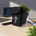 Christian cell phone wallet with faith-inspired design, card slots, detachable strap, and black faux leather back