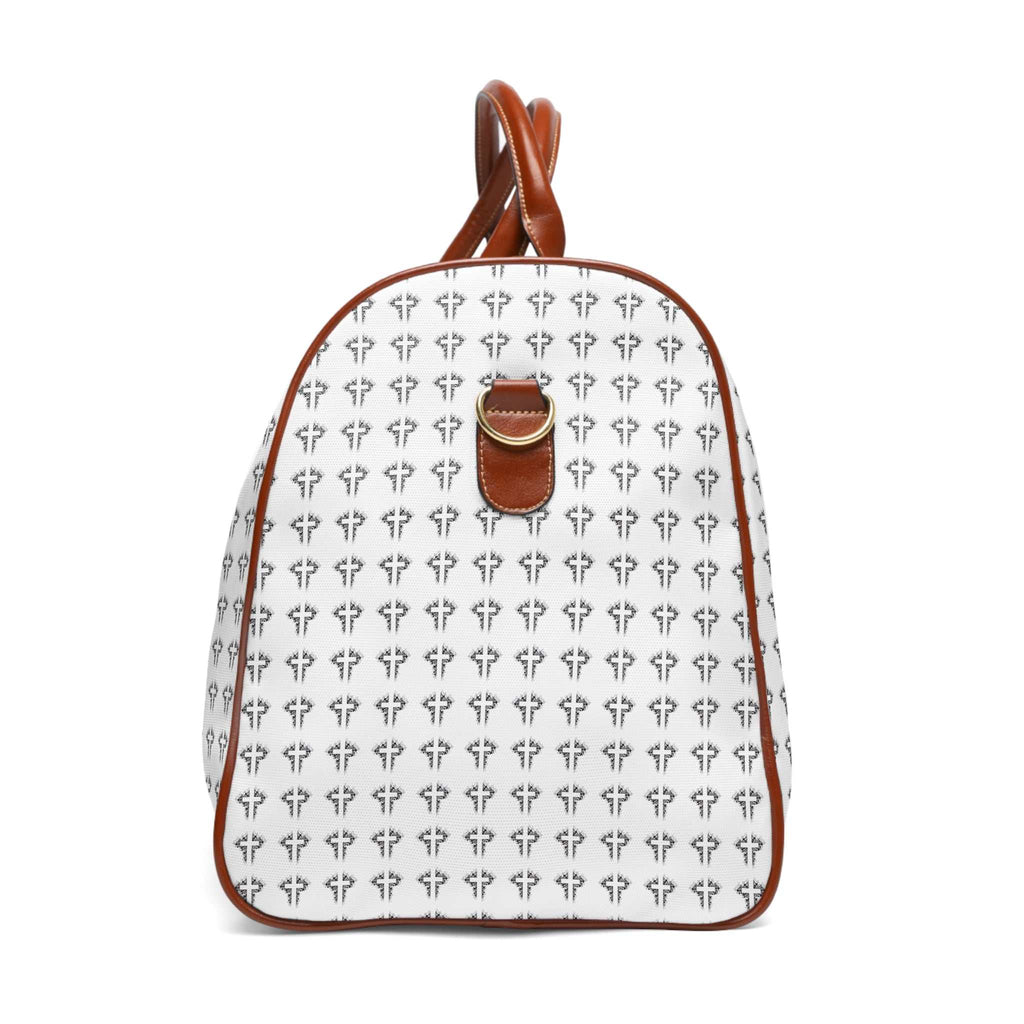 Christian Cross travel bag with brown PU leather handles and white cross pattern design