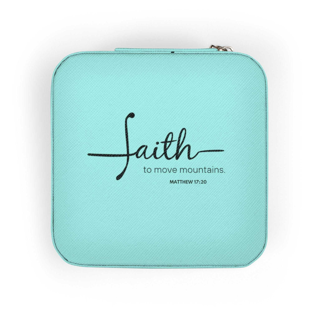 Christian Travel Case in blue with faith quote and zipper closure