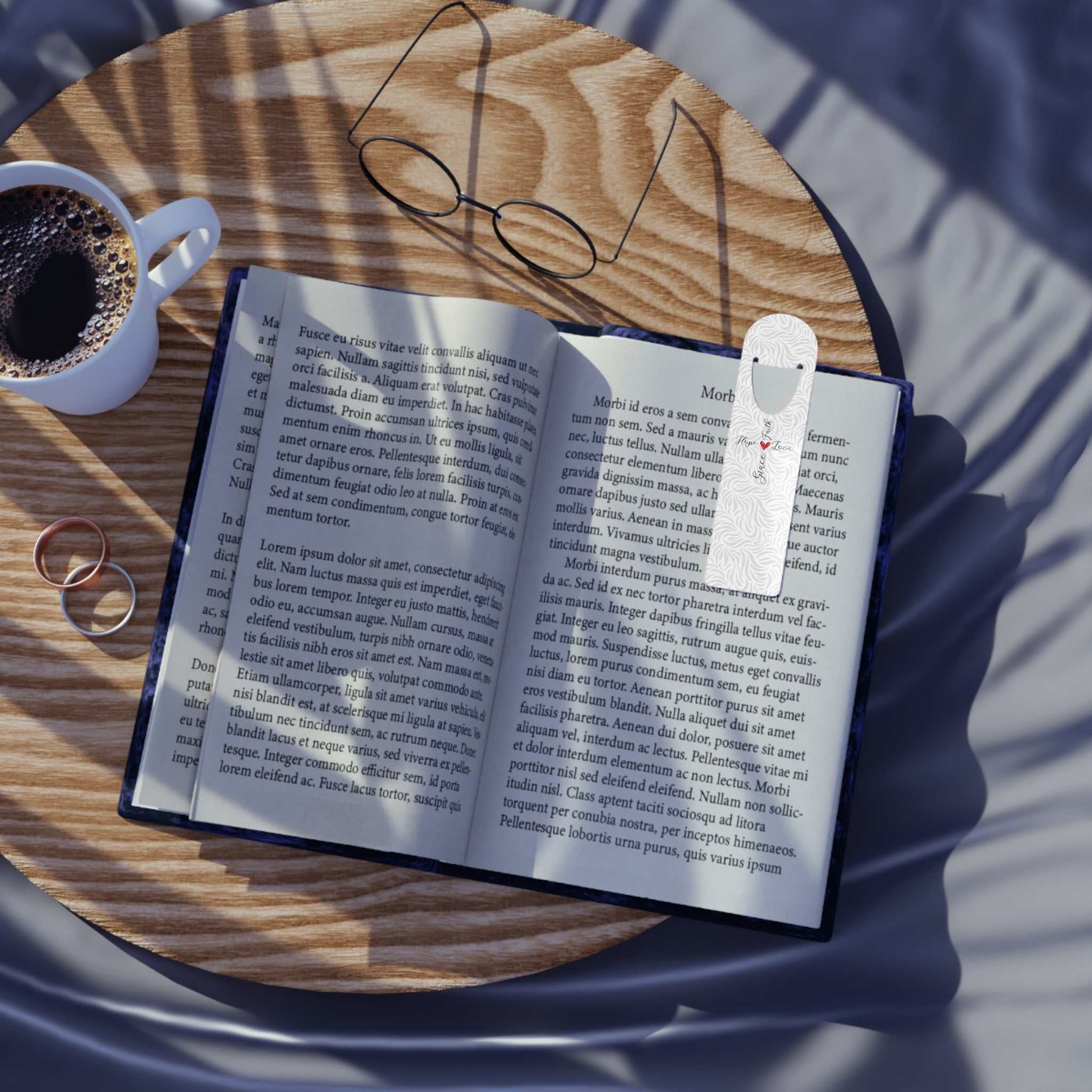 Christian bookmark with top slot holding a page in an open book