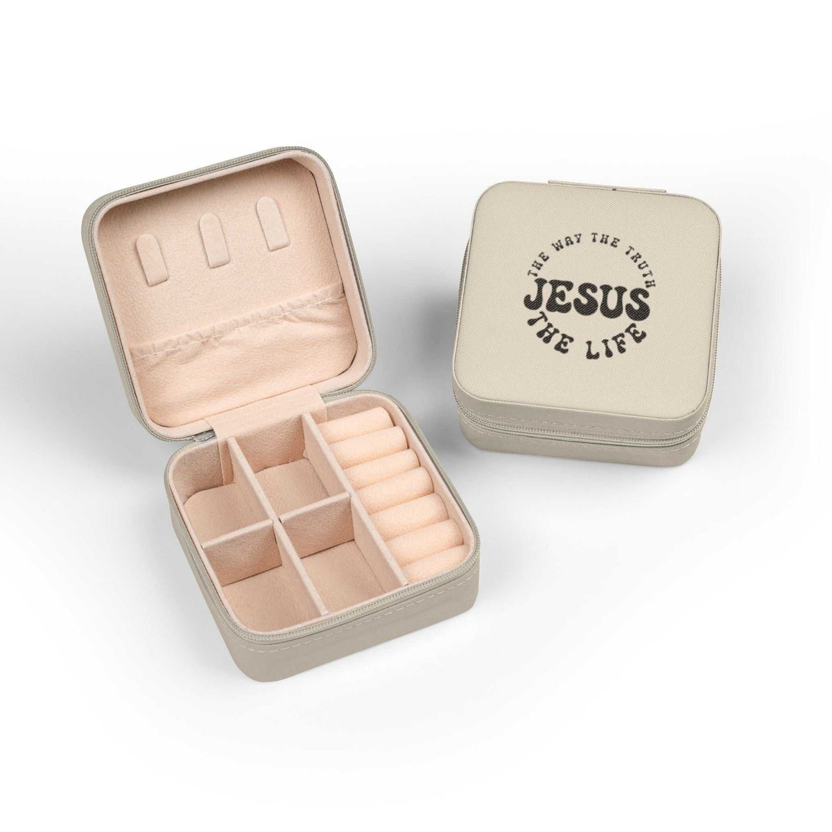 Compact beige Jesus Travel Case with plush interior and secure zipper