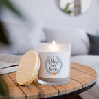 Bless Our Home Candle in frosted glass with wooden wick and raw maple lid