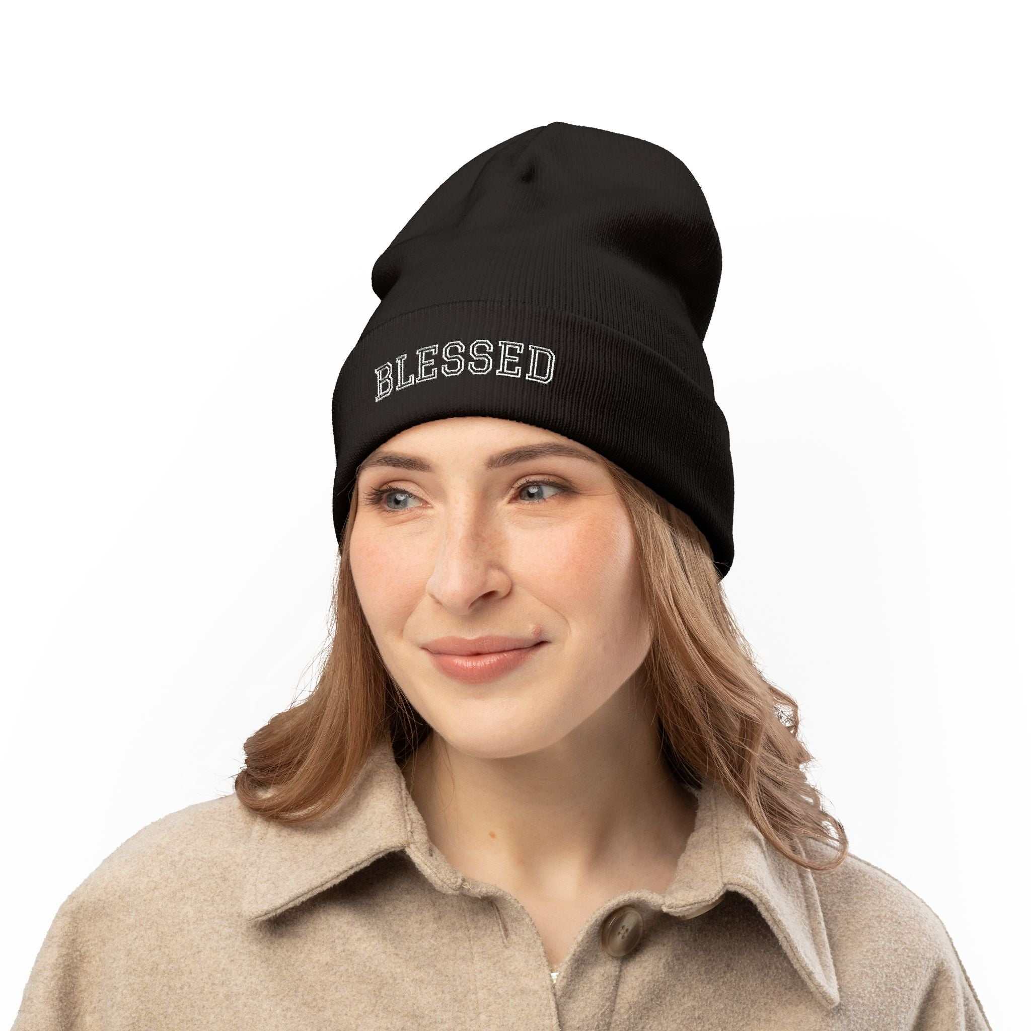 Cozy Blessed Knit Beanie in cotton blend with faith-inspired design