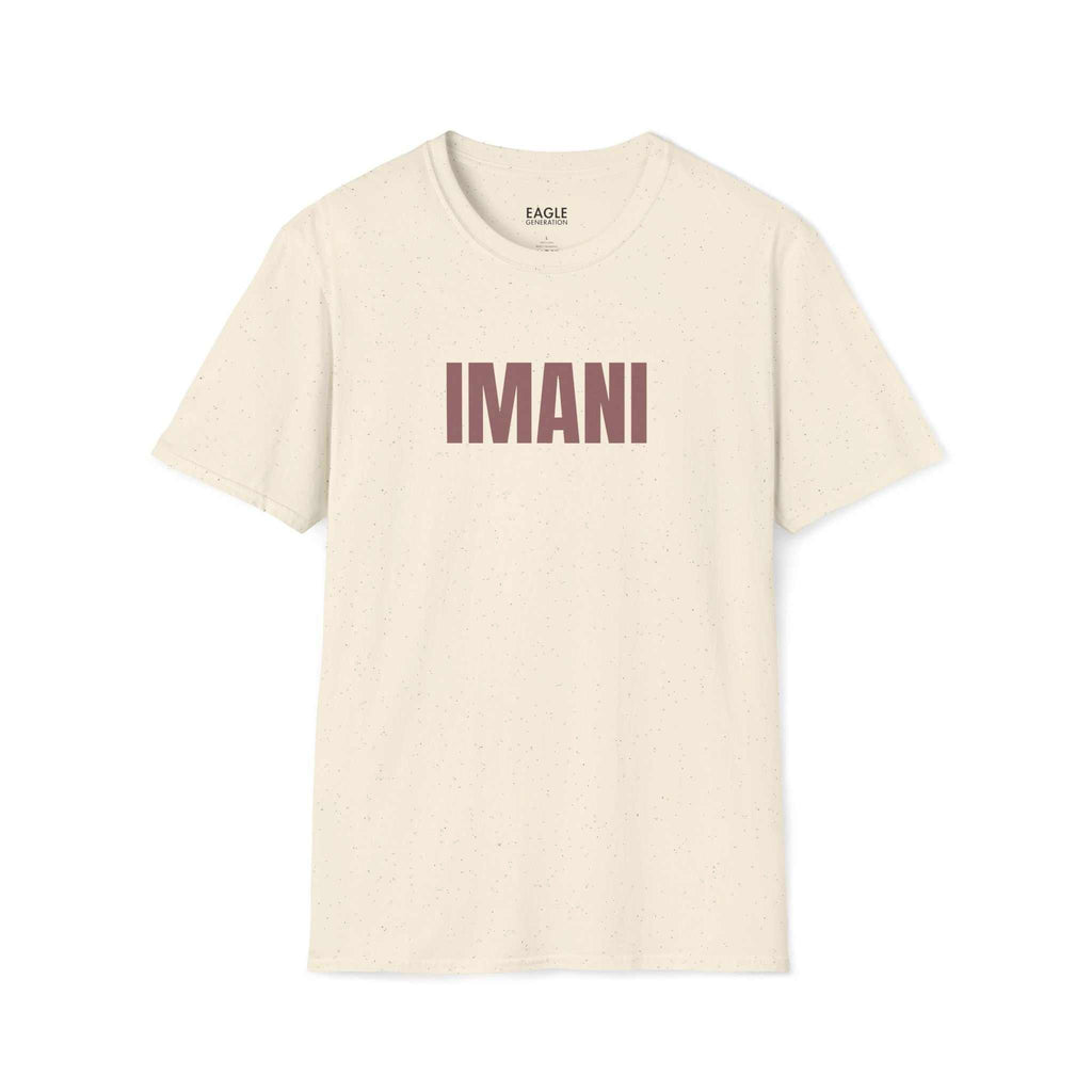 Imani T-shirt in cream color with bold lettering, made of 100% cotton, classic fit, tear-away label.