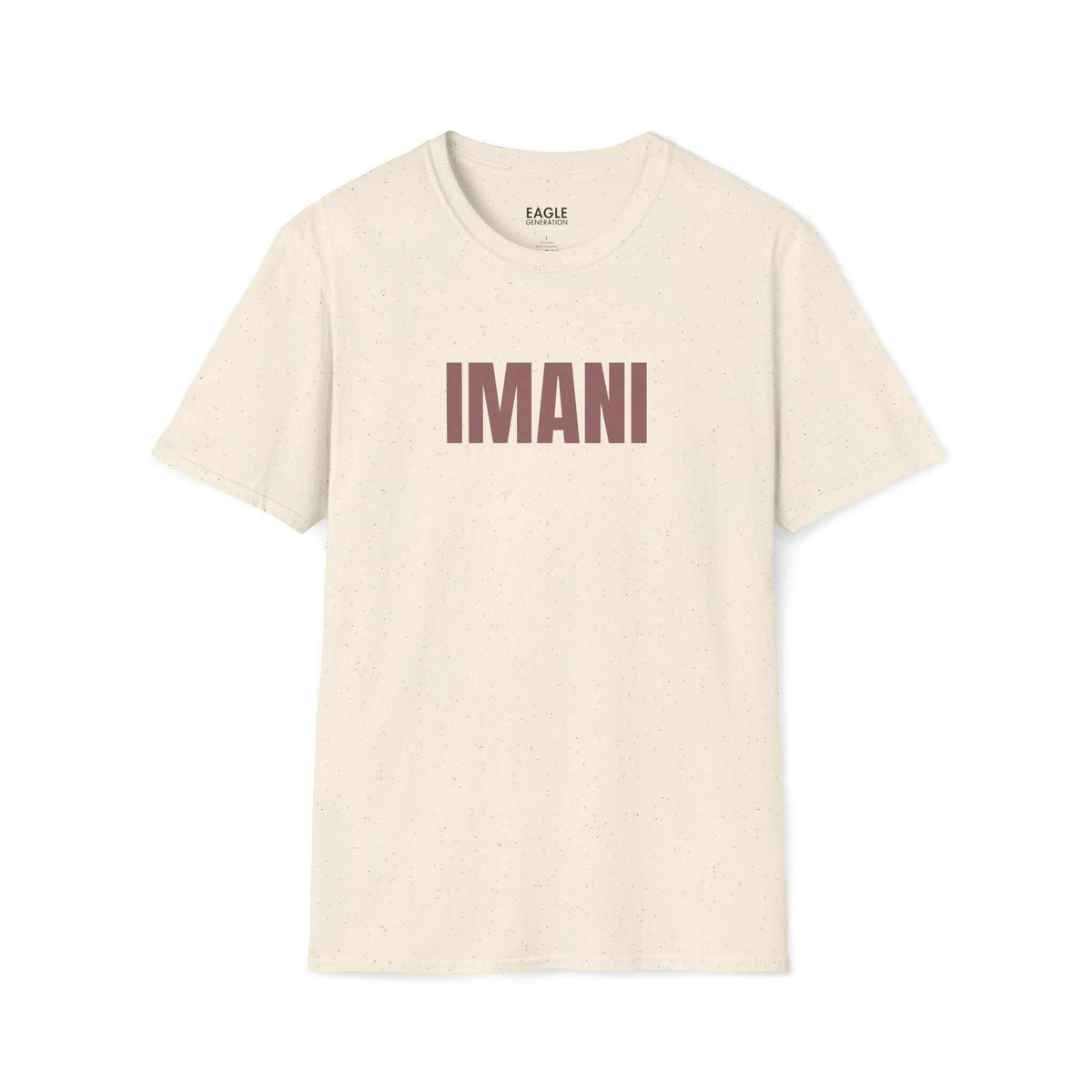 Imani T-shirt in cream color with bold lettering, made of 100% cotton, classic fit, tear-away label.