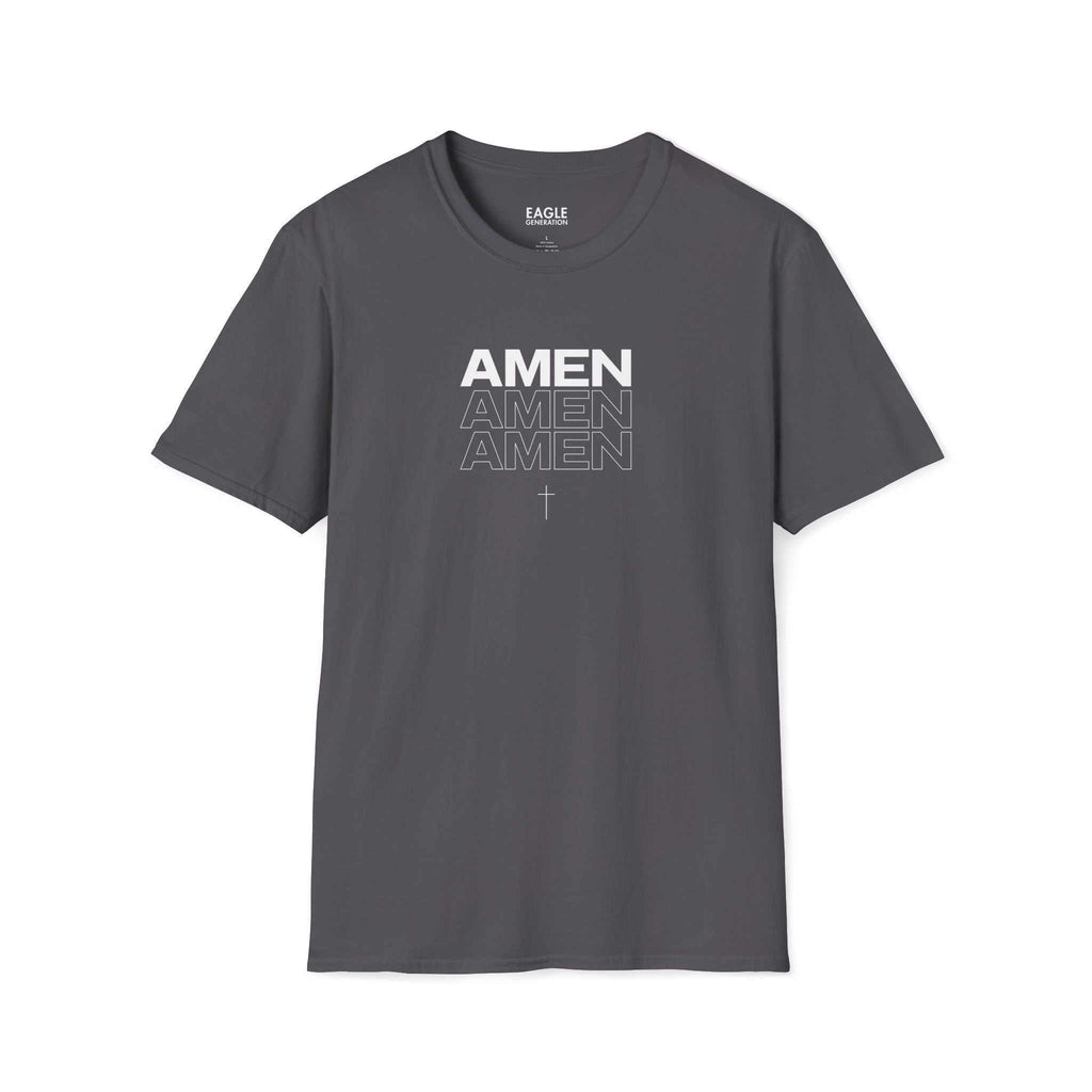 Gray Amen T-Shirt with faith-inspired design, 100% cotton, classic fit, tear-away label