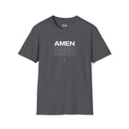 Gray Amen T-Shirt with faith-inspired design, 100% cotton, classic fit, tear-away label