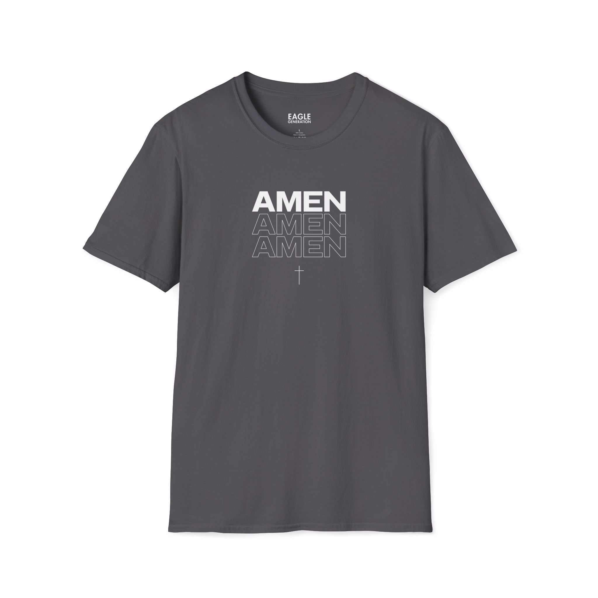 Gray Amen T-Shirt with faith-inspired design, 100% cotton, classic fit, tear-away label