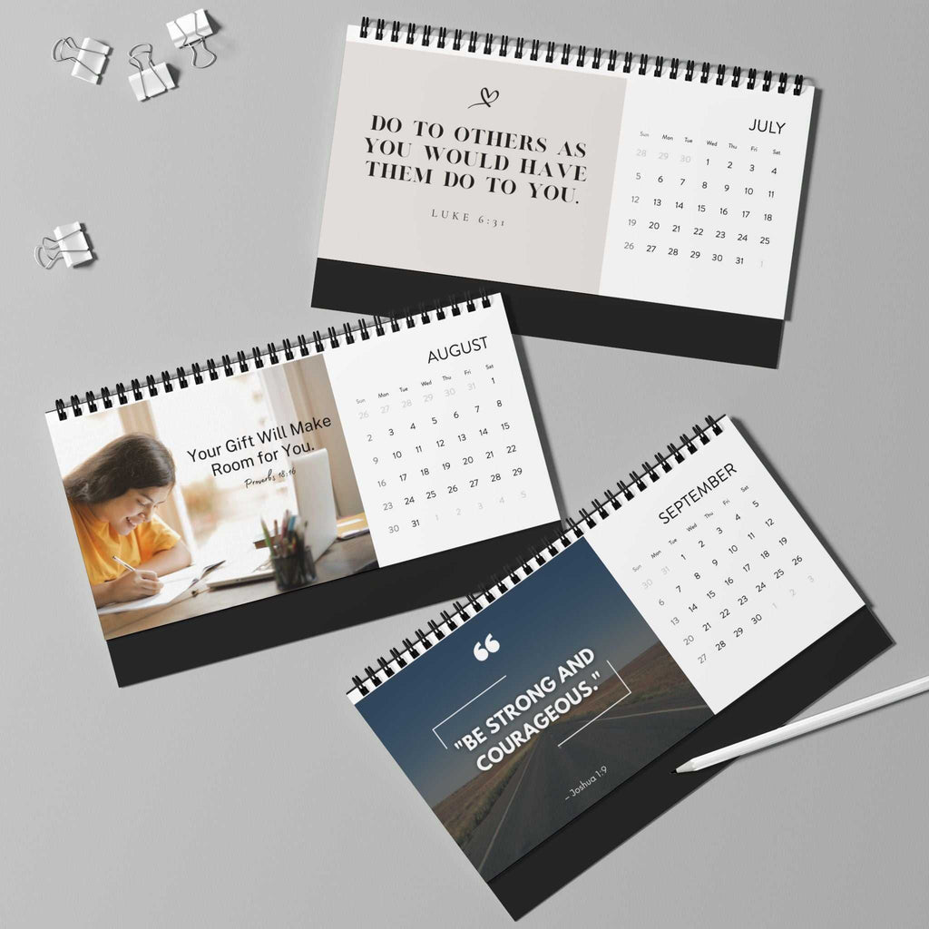 Desktop Calendar 2026 with custom photos and quotes, spiral-bound