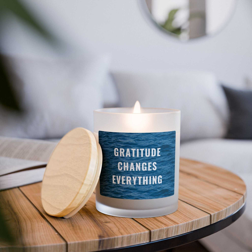 Natural off-white glass candle with wooden wick and maple lid