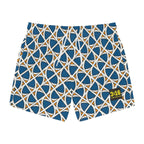 Ethnic swim trunks with blue, white, and orange geometric pattern