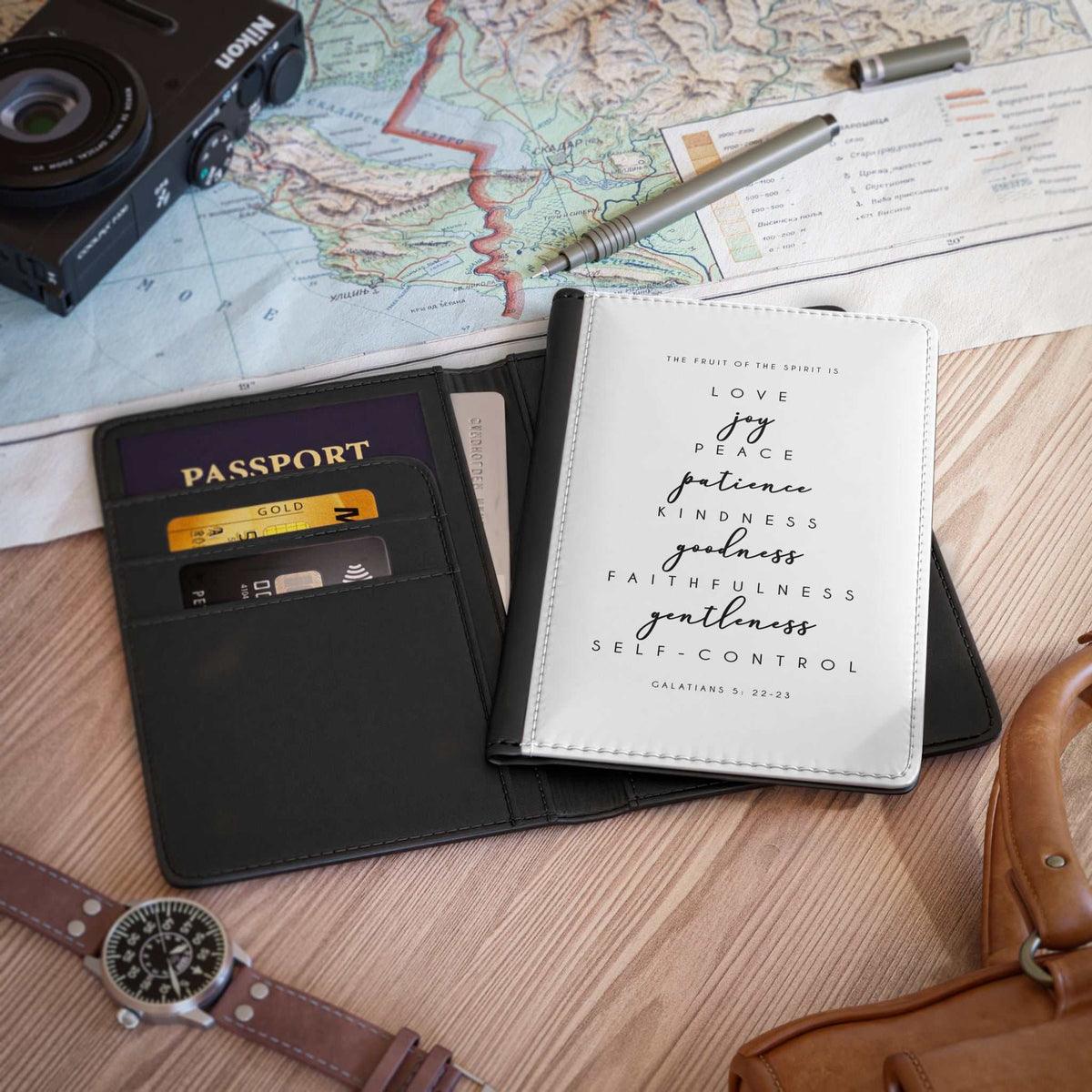 Black PU leather Bible verse passport cover with inner pockets and RFID blocking, fits most passports