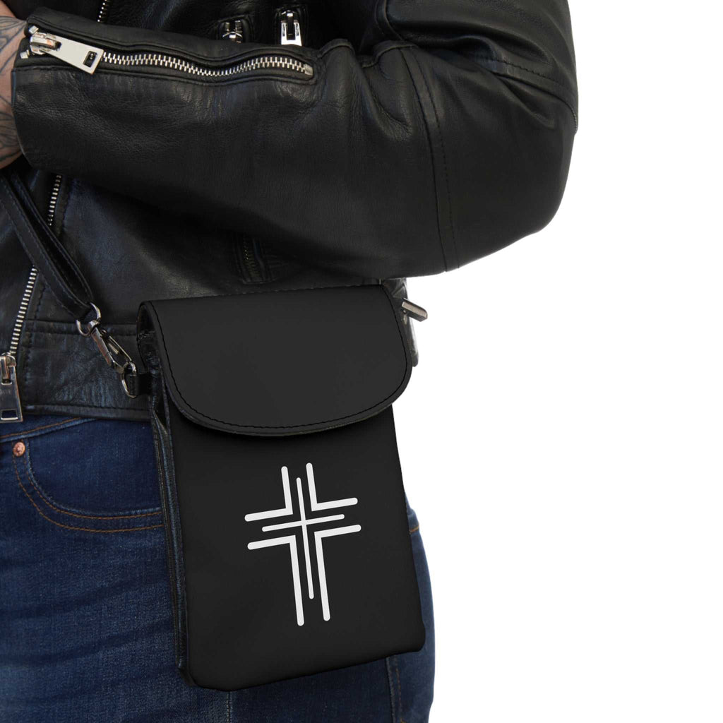 Christian Cell Phone Wallet in faux leather with adjustable strap and multiple card slots