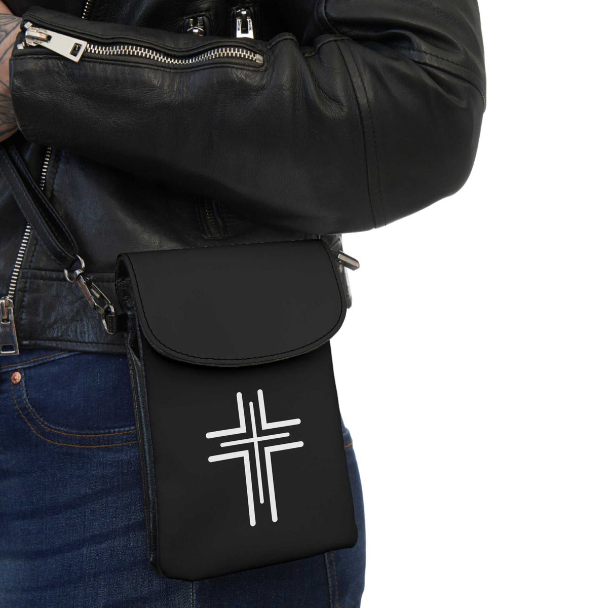 Christian Cell Phone Wallet in faux leather with adjustable strap and multiple card slots