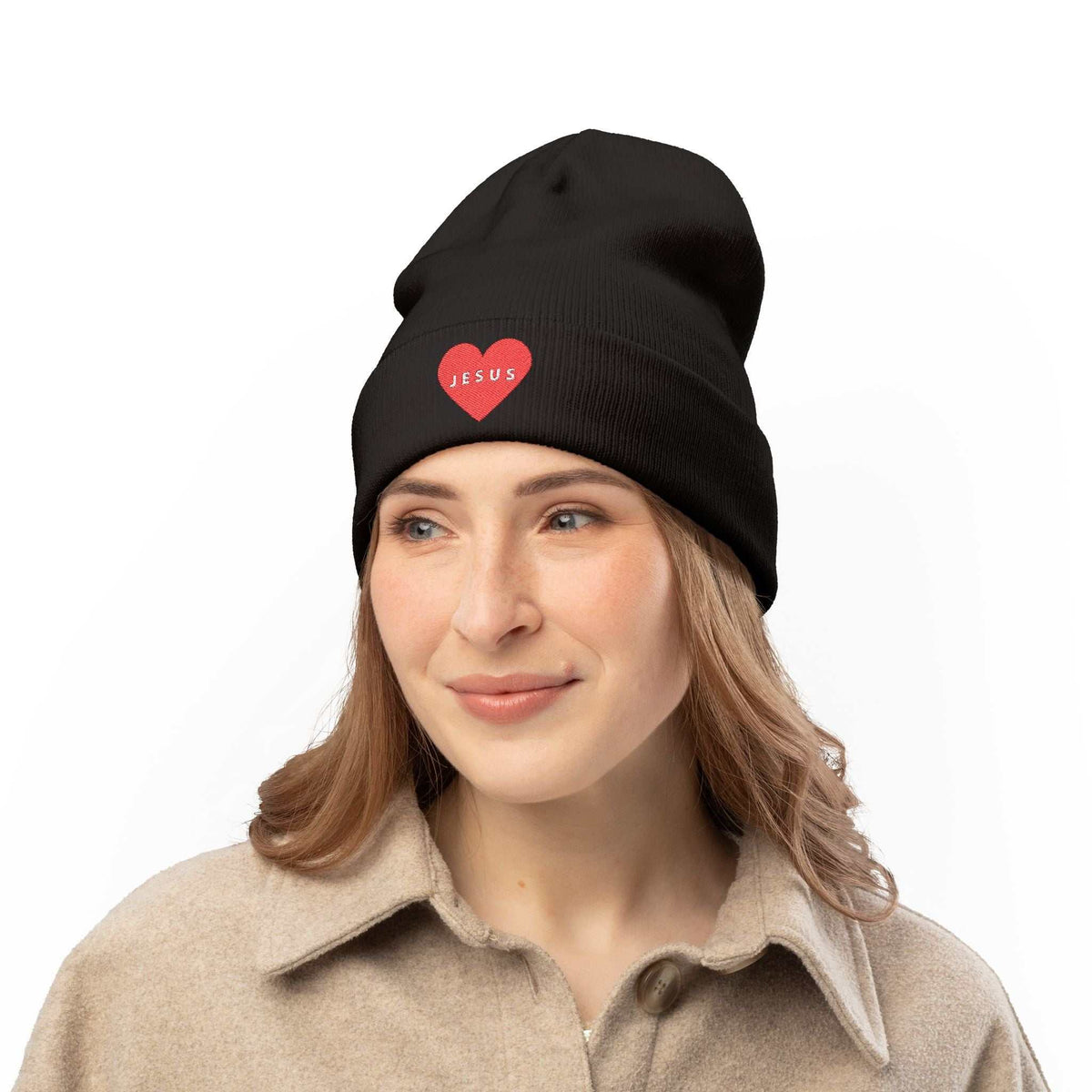 Cozy Jesus knit beanie in breathable cotton blend with form-fitting shape