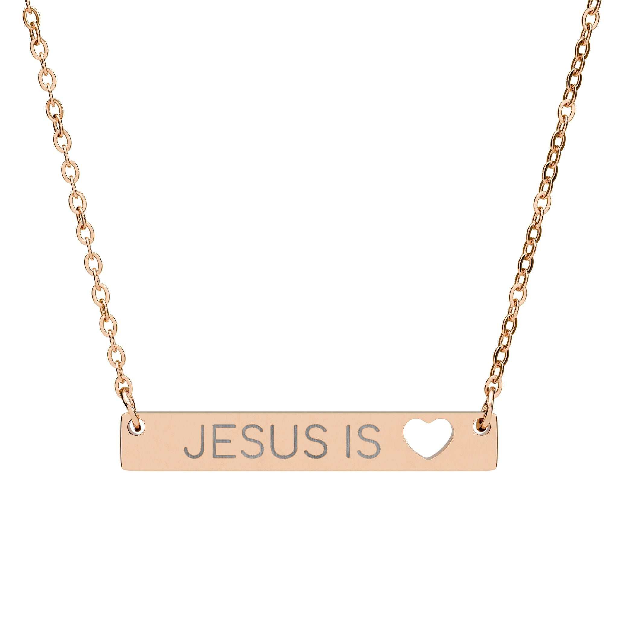 Jesus is Love Necklace made of stainless steel with engraved message and cross pendant
