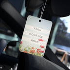 Faith Courage Hope car air freshener hanging in car with floral design