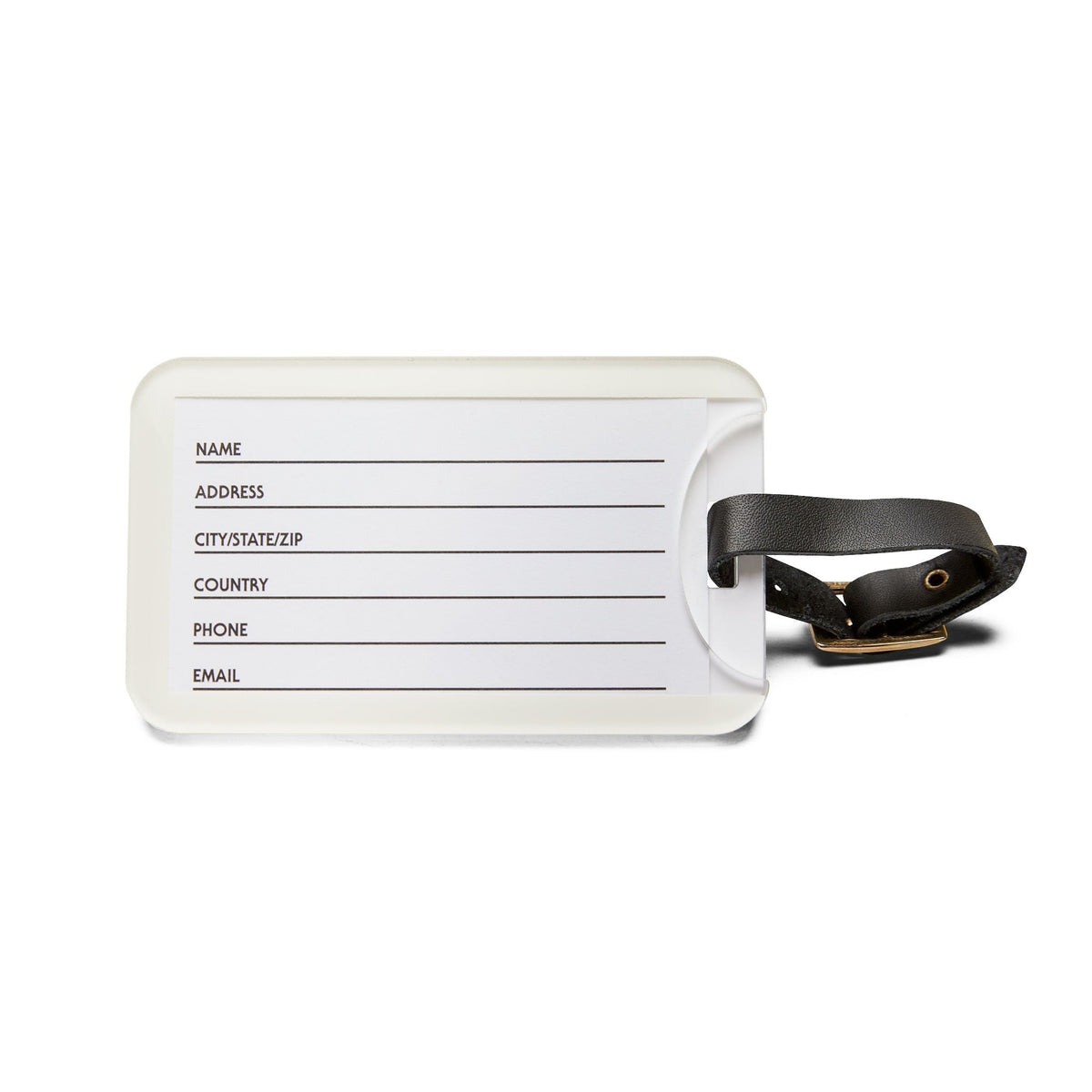 Durable acrylic luggage tag with glossy finish and adjustable leather strap for personal info card