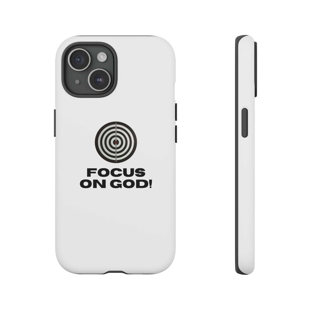 Faith Focus phone case with "Focus on God" design, durable dual layer protection, lightweight, matte finish, and open ports for wireless charging.